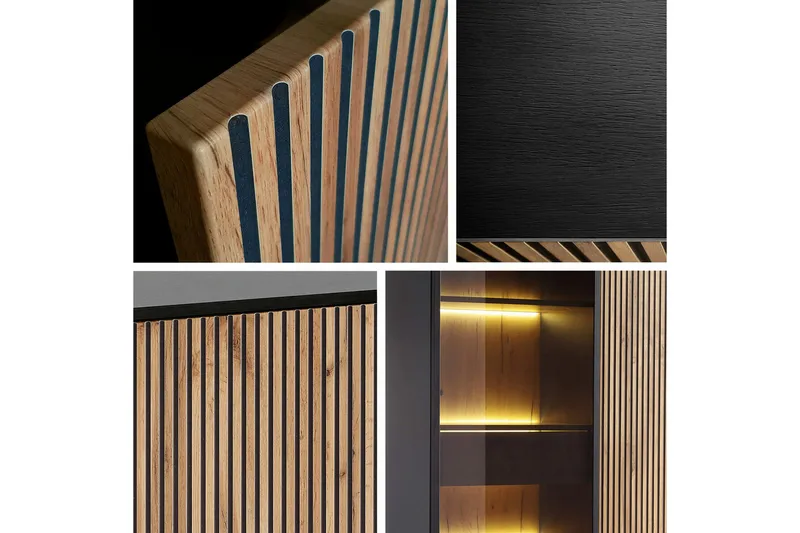 Klinkerville Möbelset Vardagsrum med Belysning TV-bänk vitrin - Svart Trä / Brun / Ribbad / Glas - Products - Förvaring - Förvaringsmöbler - Möbelset för vardagsrum