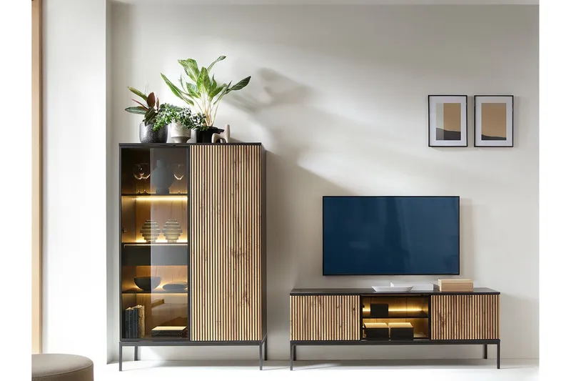 Klinkerville Möbelset Vardagsrum - Tv bänk & Vitrinskåp med Belysning - Svart Trä / Brun / Ribbad / Glas - Products - Förvaring - Förvaringsmöbler - Möbelset för vardagsrum