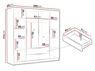 Herrljunga Garderob med Spegel 200x215 cm med lådor - Brun/Svart/Spegel - Products - Förvaring - Garderober & garderobssystem