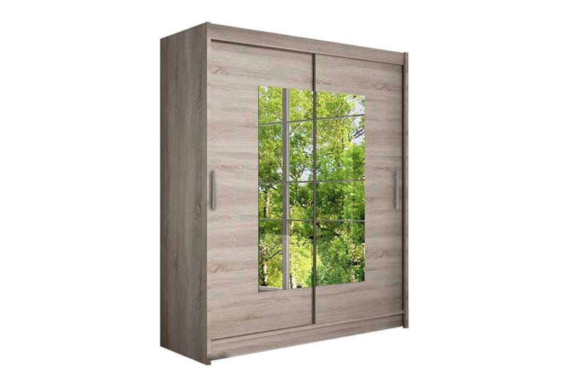 Leila Garderob Skjutdörrar Smal Fyrkantig Spegel, Beige/Trä/Natur