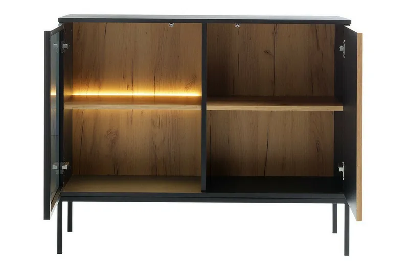 Klinkerville Lågt Vitrinskåp med belysning 39 cm djup 104 cm - Svart Trä / Glas / Ribbad - Products - Förvaring - Skåp - Vitrinskåp