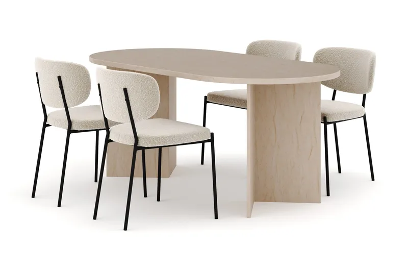 Dano Matbord 180 cm  med 4 Gemmiano Matstolar, Travertin / Vit Bouclé