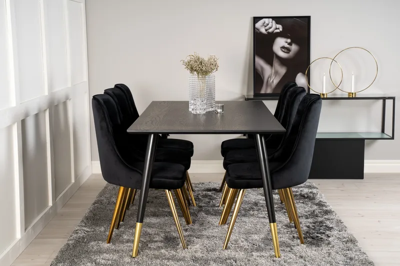 Dipp Matgrupp 180 cm Rektangulär med 6 Velvet Deluxe stolar - Svart/Guld - Products - Möbler - Bord & matgrupp - Matgrupp