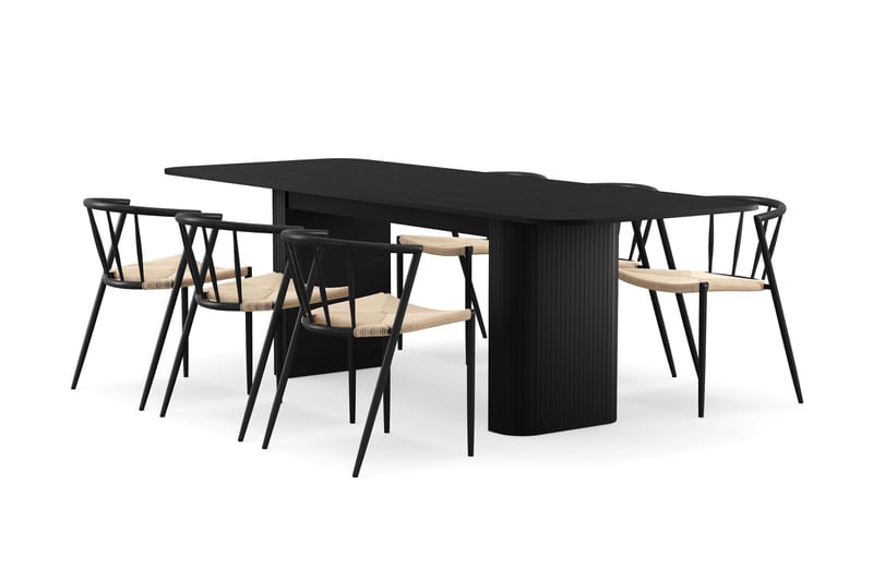 Kopparbo Matbord 180-240 cm Förlängningsbart med 6 Winston Matstolar, Svart / Beige / Metallben Svart