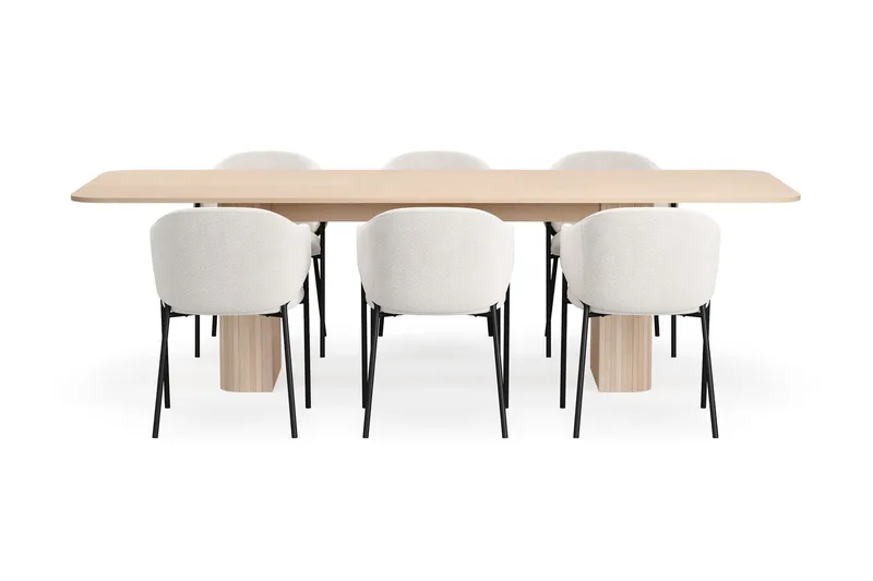 Kopparbo Matbord 200-260 cm Förlängningsbart med illäggsskiv med 6 Filip Matstolar - Vit / Vit Bouclé - Products - Möbler - Bord & matgrupp - Matgrupp