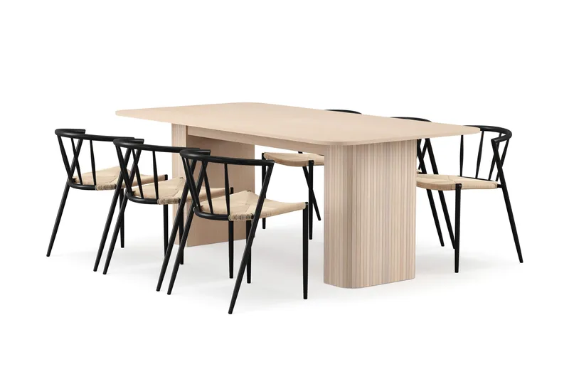 Kopparbo Matbord 200-260 cm Förlängningsbart med illäggsskiv med 6 Winston Matstolar, Vit / Beige / Metallben Svart