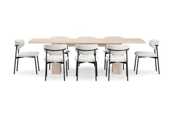 Kopparbo Matbord 200-260 cm Förlängningsbart med illäggsskiv med 8 Lucy Matstolar - Vit / Vit Bouclé / Metallben Svart - Products - Möbler - Bord & matgrupp - Matgrupp