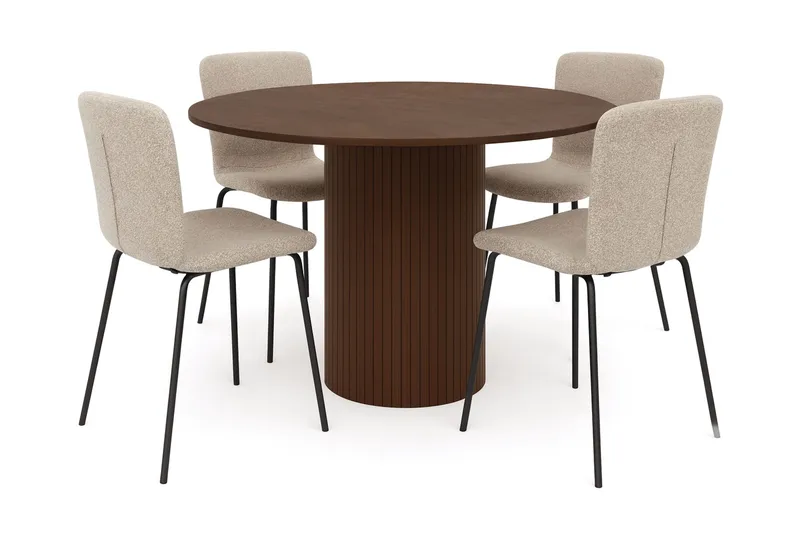 Kopparbo Runt Matbord 120 cm med 4 Katy Matstolar, Mörkbrun / Greige Bouclé / Metallben Svart