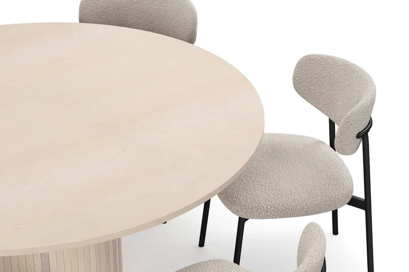 Kopparbo Runt Matbord 150 cm med 6 Lucy Matstolar - Vit / Greige Bouclé / Metallben Svart - Products - Möbler - Bord & matgrupp - Matgrupp