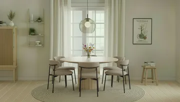 Kopparbo Runt Matbord 150 cm med 6 Lucy Matstolar - Vit / Greige Bouclé / Metallben Svart - Products - Möbler - Bord & matgrupp - Matgrupp