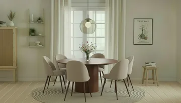 Kopparbo Runt Matbord 150 cm med 6 Nibe Plus Matstolar - Valnöt / Greige Bouclé / Metallben Valnöt - Products - Möbler - Bord & matgrupp - Matgrupp