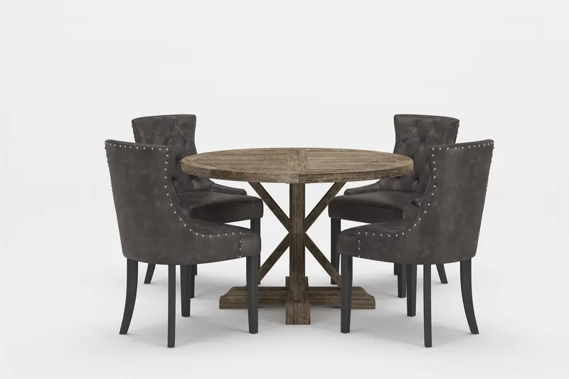 Lyon Premium Matgrupp Rund 120 cm + 4 st Tuva Matstolar, Grå/Brun