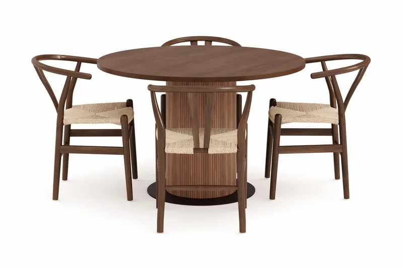 Noira Matgrupp 120 cm Massiv Valnöt Rund med 4 Dastoori Matstol - 2220070-4,2098428-1 - Brun / Beige / Valnöt - Products - Möbler - Bord & matgrupp - Matgrupp