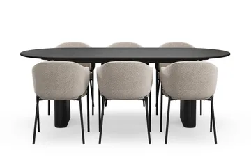 Noira Ovalt Matbord 220 cm med 6 Filip Matstolar - Svart / Taupe Bouclé - Products - Möbler - Bord & matgrupp - Matgrupp