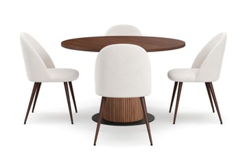 Noira Runt Litet Matbord Massiv Valnöt 120 cm med 4 Nibe Plus Matstolar - Brun / Vit Bouclé / Metallben Valnöt - Products - Möbler - Bord & matgrupp - Matgrupp