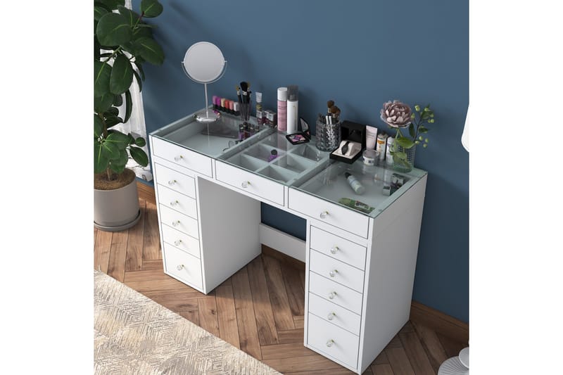 Ramender Sminkbord med förvaring Bordsskiva Glas 120 cm, Vit