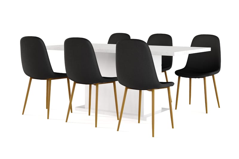 Ratliff Matbord 180 cm Förlängningsbart med illäggsskiva +  6 st Nibe stol svart med ek ben, Vit/Svart