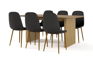 Richeto Matbord 180 cm ek +  6 st Nibe stol svart med ek ben, Natur/Svart
