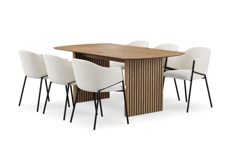 Richeto Matbord 180 cm med 6 Filip Matstolar, Naturlig finish / Vit Bouclé