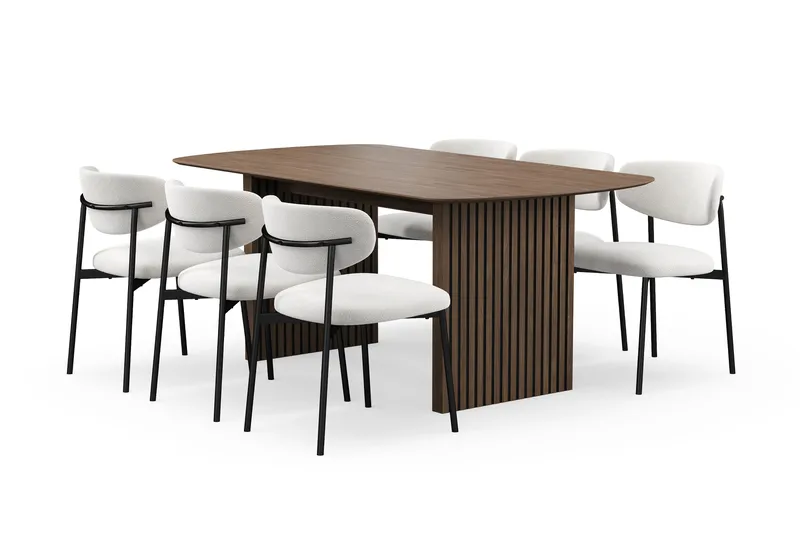 Richeto Matbord 180 cm med 6 Lucy Matstolar, Rökt ek / Vit Bouclé