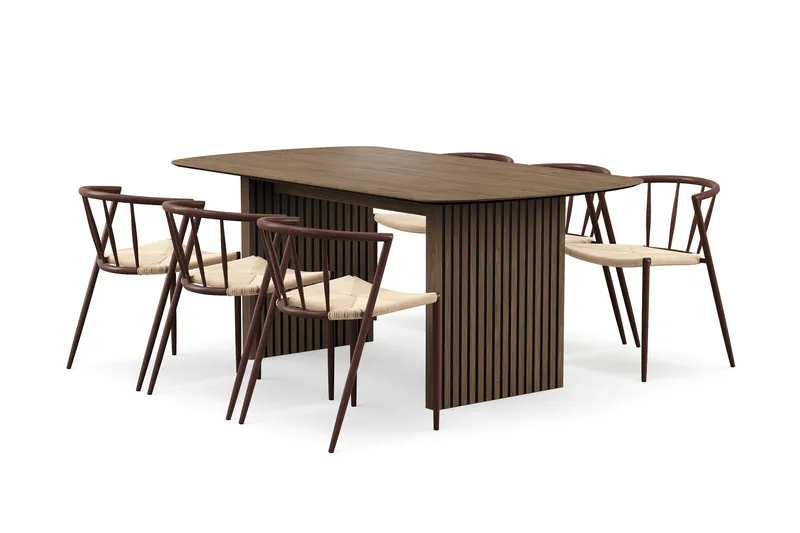 Richeto Matbord 180 cm med 6 Winston Matstolar, Rökt ek / Beige / Metallben Rökt ek