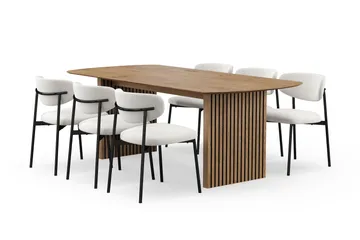 Richeto Matbord 210 cm med 6 Lucy Matstolar - Naturlig finish / Vit Bouclé / Metallben Svart - Products - Möbler - Bord & matgrupp - Matgrupp