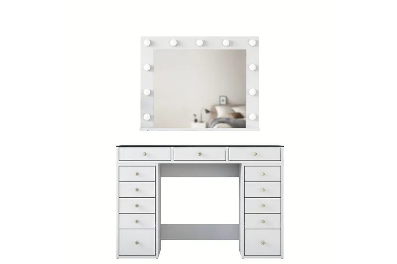 Ramender Stort Sminkbord med spegel och lampor med förvaring - Glas / Vit - Products - Möbler - Bord & matgrupp - Sminkbord & toalettbord