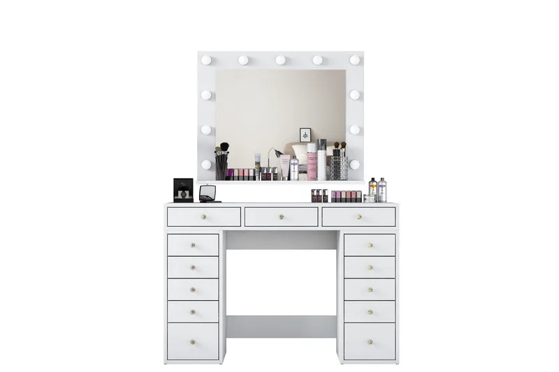 Ramender Stort Sminkbord med spegel och lampor med förvaring - Vit - Products - Möbler - Bord & matgrupp - Sminkbord & toalettbord