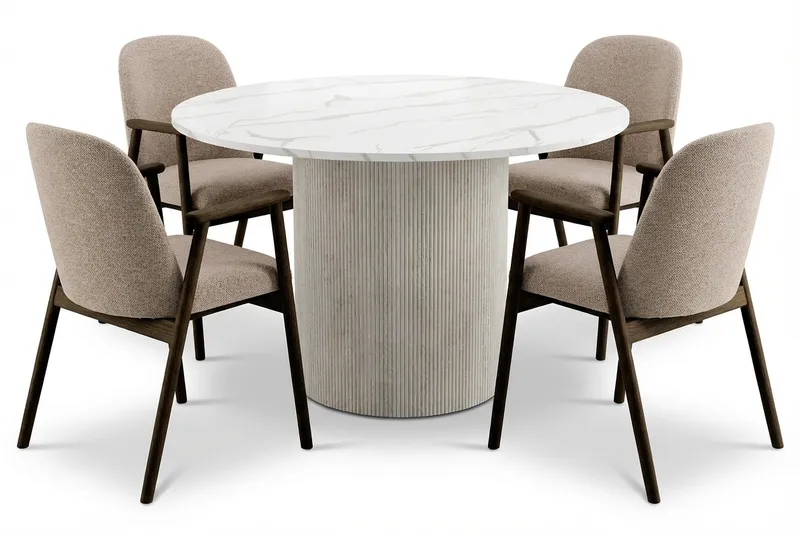 Uppveda Matbord 120 cm Rund Vitt med 4 Reciclar Matstolar, Vit/Greige