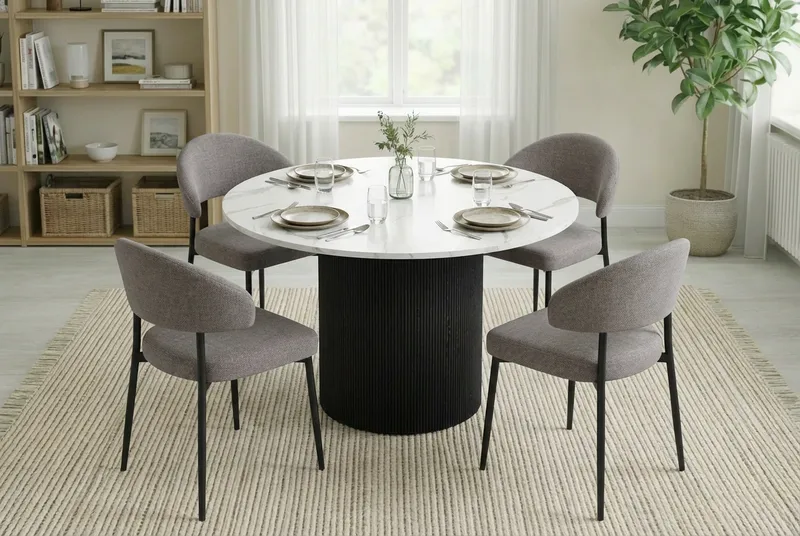 Uppveda Matbord 120 cm Runt Svart med 4 Sawako Greige Stolar - Svart/Vit/Greige - Products - Möbler - Bord & matgrupp - Matgrupp