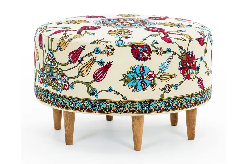 Cerasolo Sittpuff Rund, Sammet/Beige/Röd/Natur