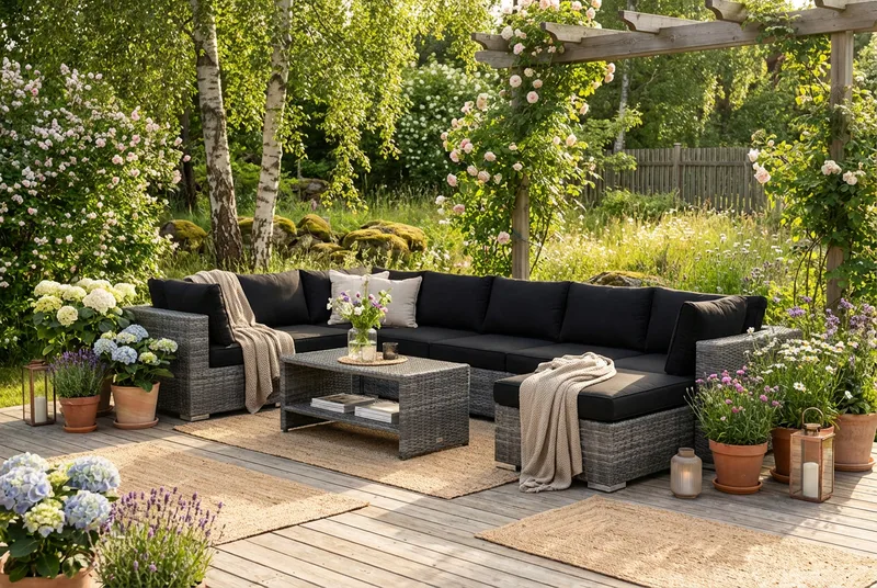 Bahamas U-formad utomhus loungegrupp 7-sits med vändbar divan och bord med hylla - Grå - Products - Utemöbler & utemiljö - Loungemöbler - Loungeset & loungegrupp