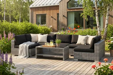 Bahamas U-formad utomhus loungegrupp med öppet avslut, 7-sits med bord och hylla - Grå - Products - Utemöbler & utemiljö - Loungemöbler - Loungeset & loungegrupp