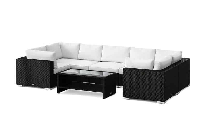 Bahamas U-formad utomhus loungegrupp med stängt avslut, 7-sits med bord och hylla, Svart