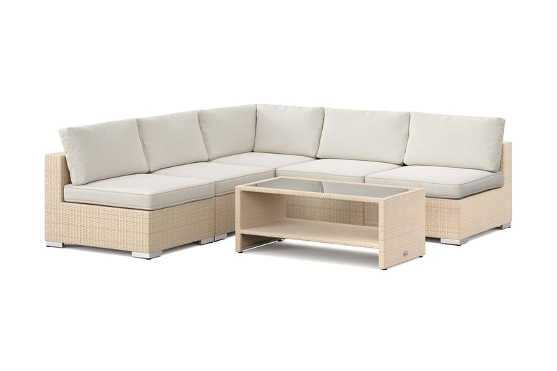 Bahamas utomhus hörnsoffa 5-sits vändbar med öppet avslut och bord med hylla, Beige