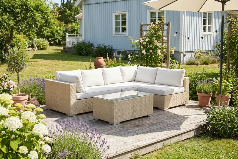 Bahamas utomhus loungegrupp 5-sits med vändbar schäslong och bord - Beige - Products - Utemöbler & utemiljö - Loungemöbler - Loungeset & loungegrupp