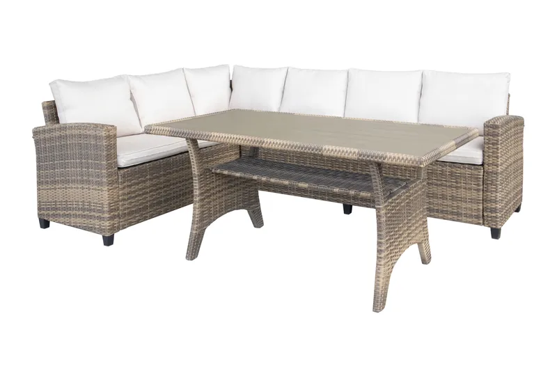 James Light Stor L-formad vändbar loungegrupp utomhus i konstrotting med förvaring och vita dynor, Brun / Beige