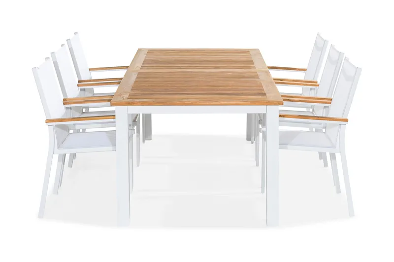 Las Vegas Matgrupp Utomhus 220-280x100 + 6 Stapelstolar, Teak/Vit