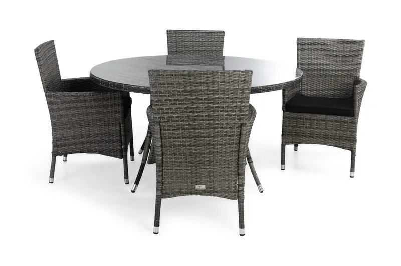 Thor Matgrupp Utomhus Ø140 + 4 Thor Fåtölj m Dyna, Grå/Grå/Svart