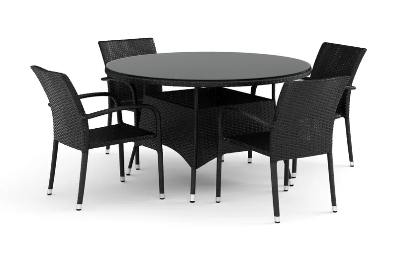 Thor utomhus rund matgrupp 140 cm med 4 Thor Light utefåtöljer, Svart