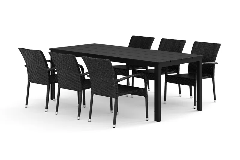 Tunis utomhus matgrupp 205x90 cm med 6 Thor Light utefåtöljer, Svart/Svart