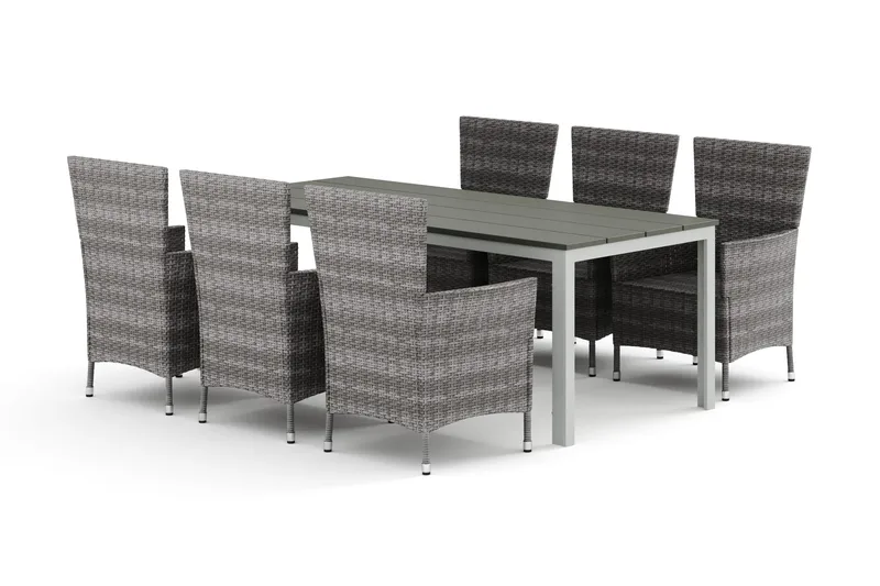 Tunis utomhus matgrupp 205x90 cm med 6 Thor utefåtöljer, Vit/Grå