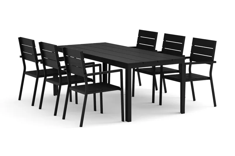 Tunis utomhus matgrupp 205x90 cm med 6 Tunis stapelstolar, Svart/Svart
