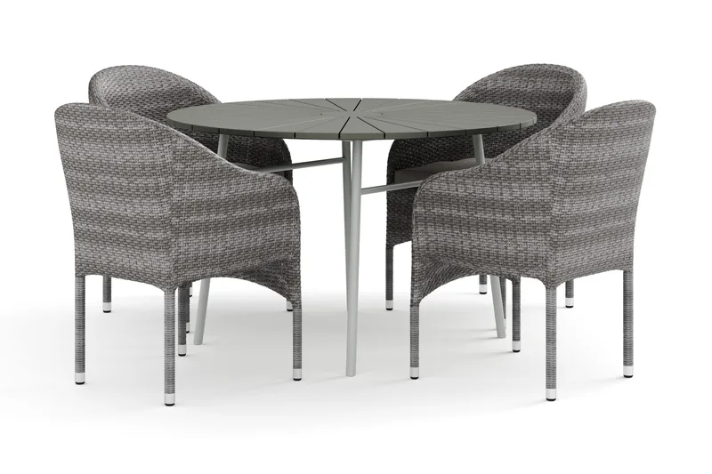 Tunis utomhus rund matgrupp 120 cm med 4 Thor fåtöljer, Vit/Grå