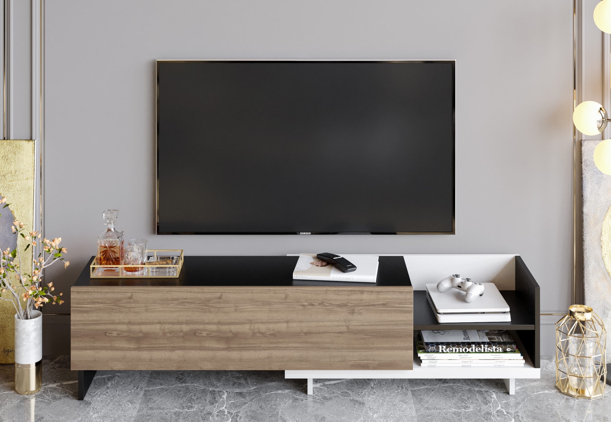 Parion mediabank - Wit/zwart/walnoot