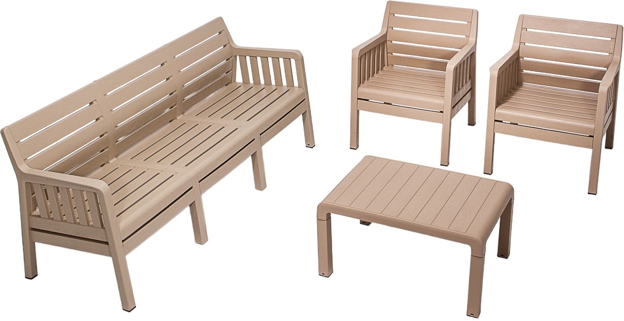 Lara loungegroep met 3-zitsbank, 2 fauteuils en tafel zonder kussens - Cappuccino