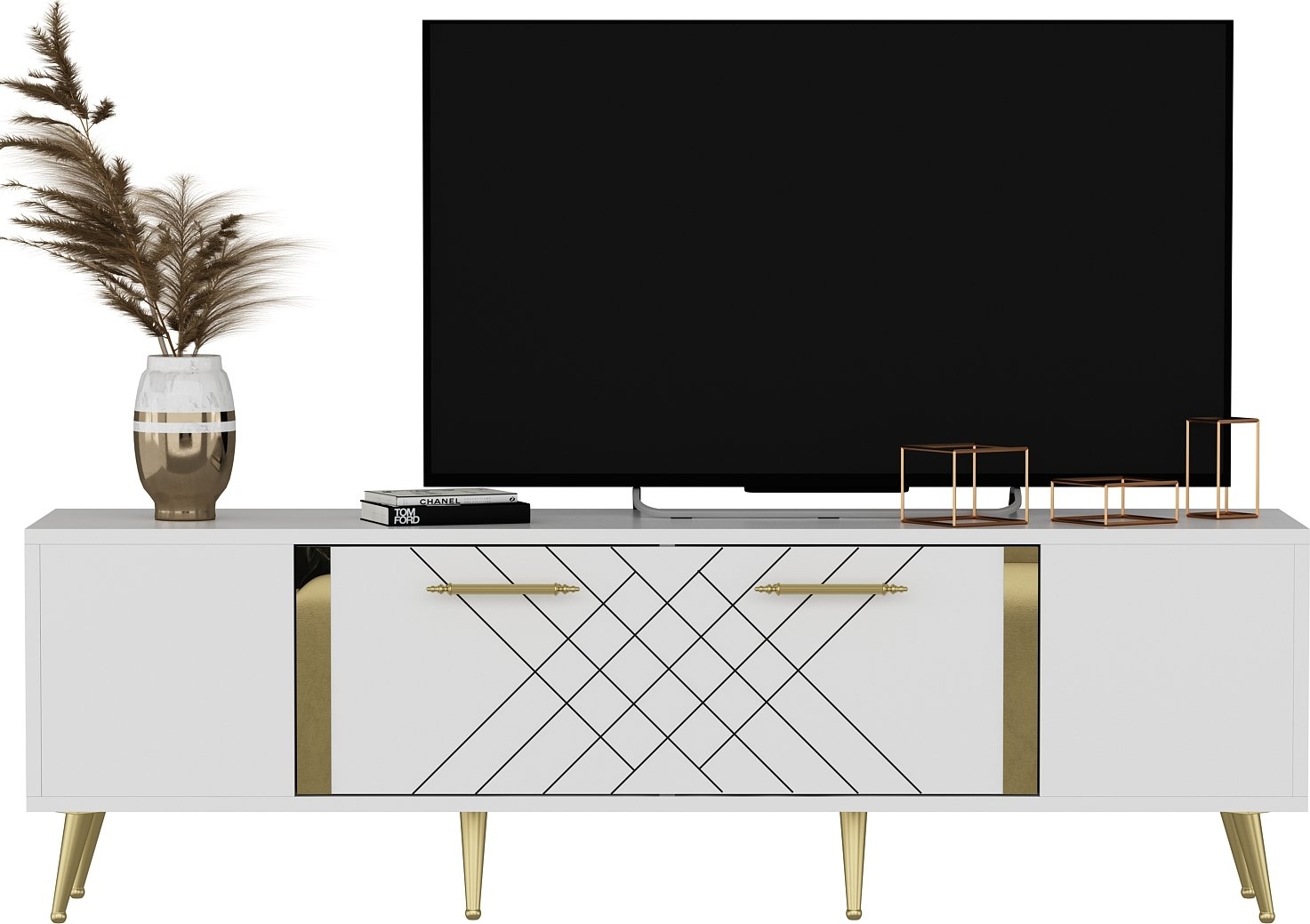 Witte tv-standaard met gouden details - 150 cm