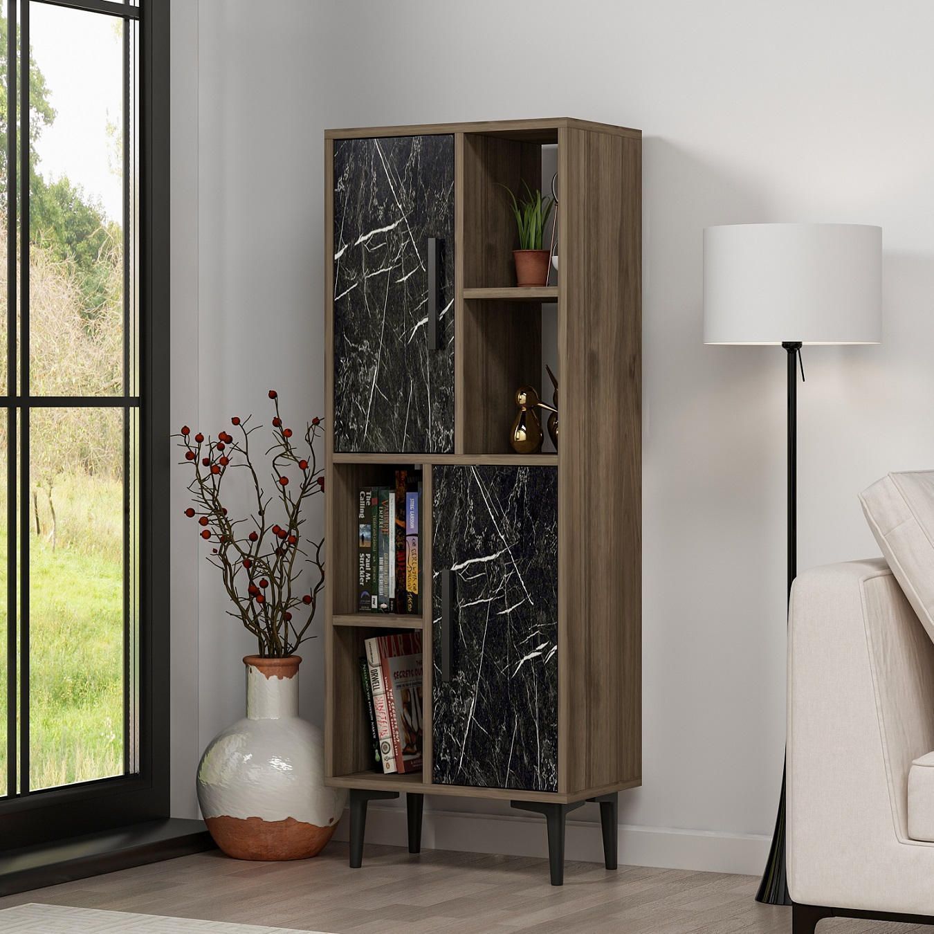 Leni kast - Walnoot/zwart marmer