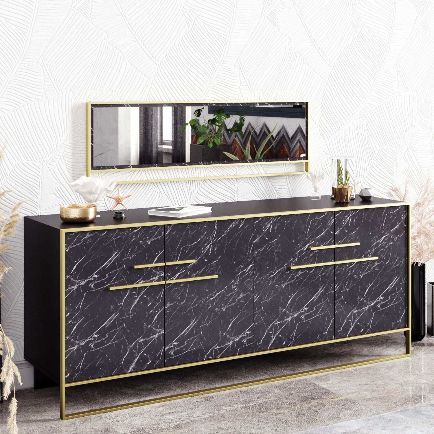 Polka dressoir met spiegel - Goud/zwart