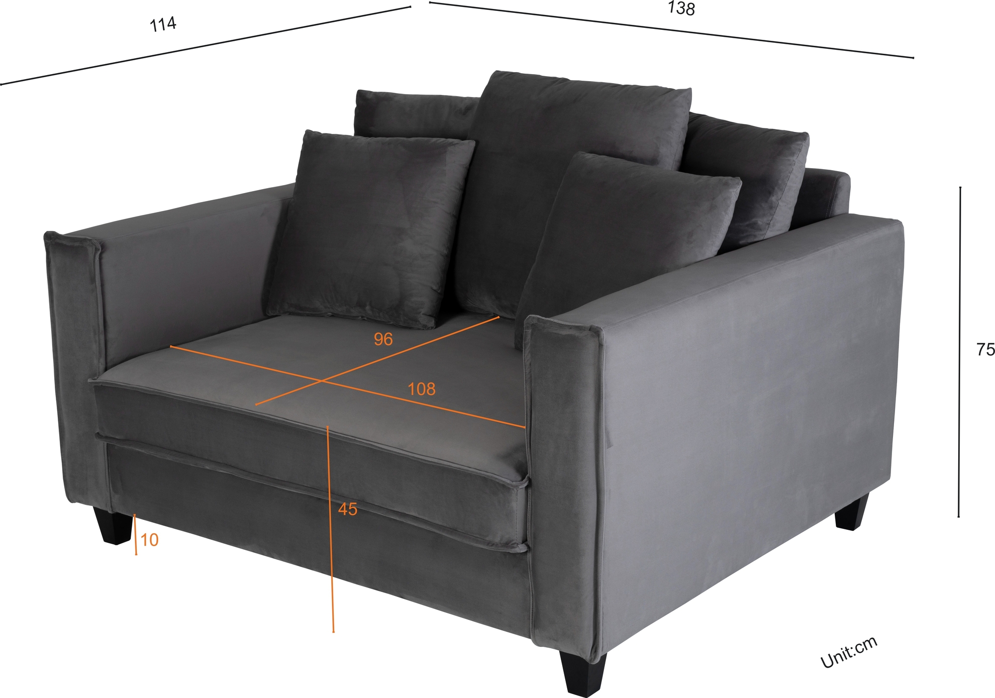 Stor ftlj i mrkgr sammet - 138 cm bred + Flckborttagare fr mbler